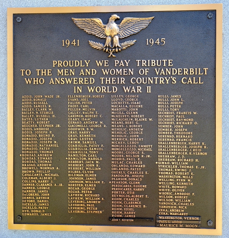 VANDERBILT WORLD WAR II MEMORIAL PLAQUE