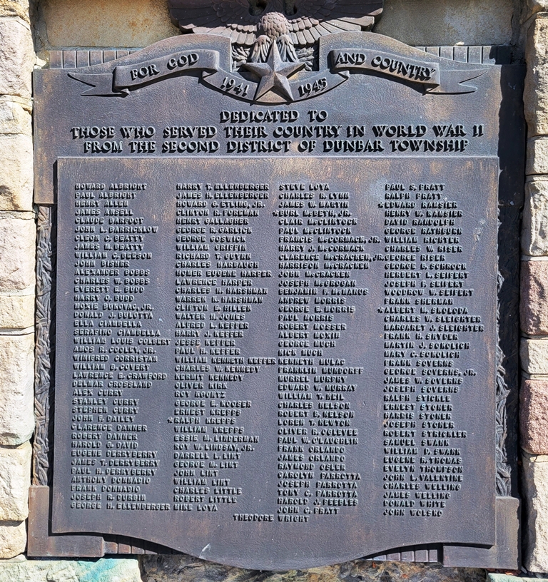 DUNBAR TOWNSHIP SECOND DISTRICT WORLD WAR II MEMORIAL PLAQUE