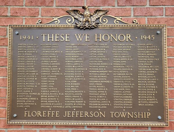 FLOREFFE JEFFERSON TOWNSHIP THESE WE HONOR WAR MEMORIAL PLAQUE