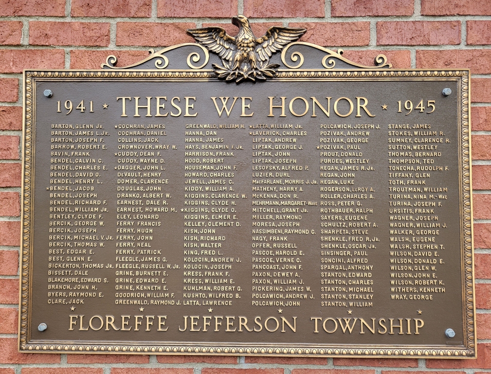 FLOREFFE JEFFERSON TOWNSHIP THESE WE HONOR WAR MEMORIAL PLAQUE