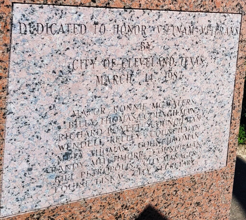 CITY OF CLEVELAND, TEXAS VIETNAM VETERANS MEMORIAL DEDICATION STONE
