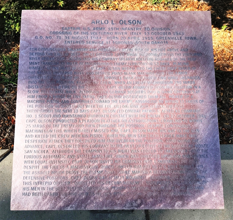 ARLO L. OLSON MEDAL OF HONOR WAR MEMORIAL PLAQUE