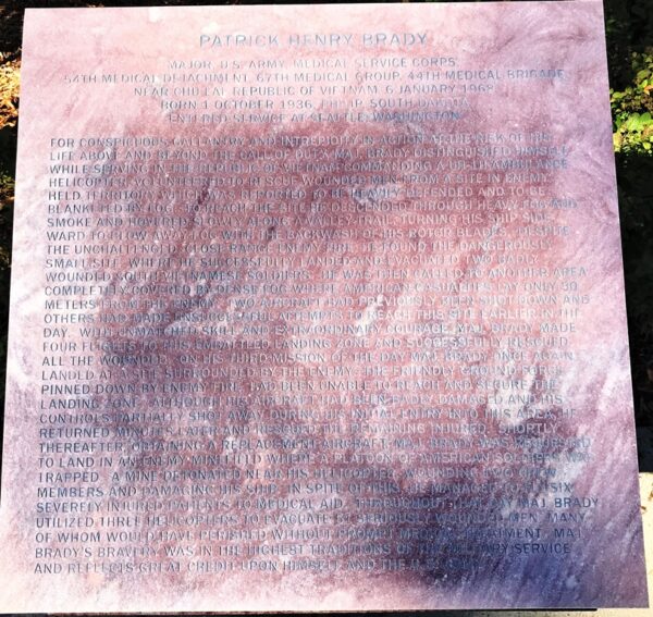 PATRICK HENRY BRADY MEDAL OF HONOR WAR MEMORIAL PLAQUE