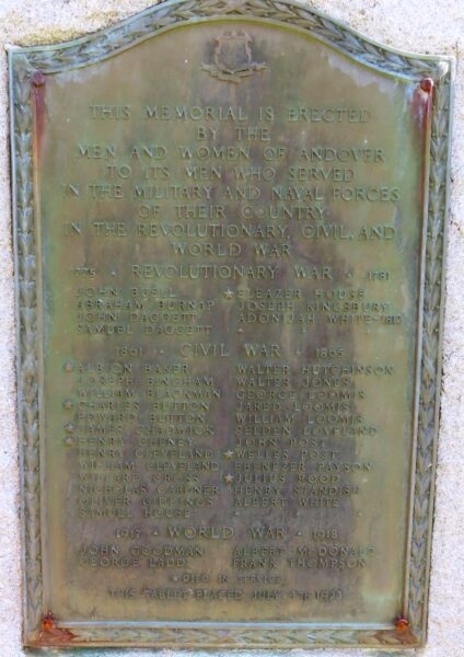 ANDOVER WAR VETERANS MEMORIAL PLAQUE