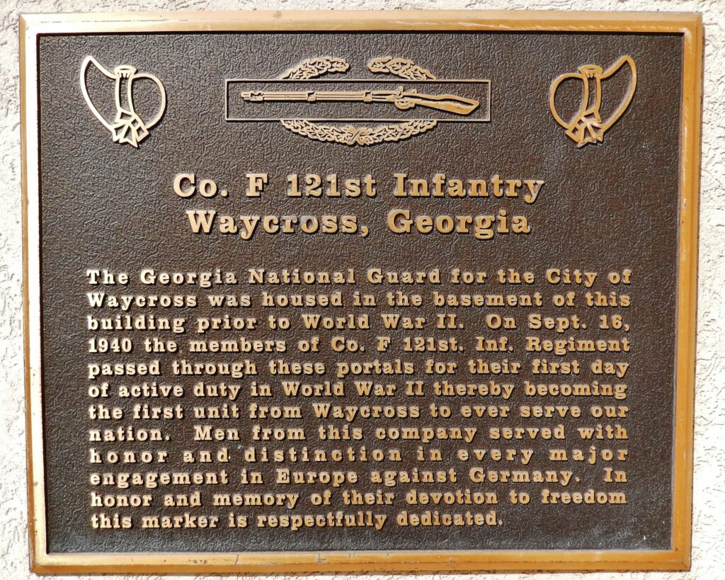 CO. F 121ST INFANTRY WAYCROSS, GEORGIA WAR MEMORIAL PLAQUE