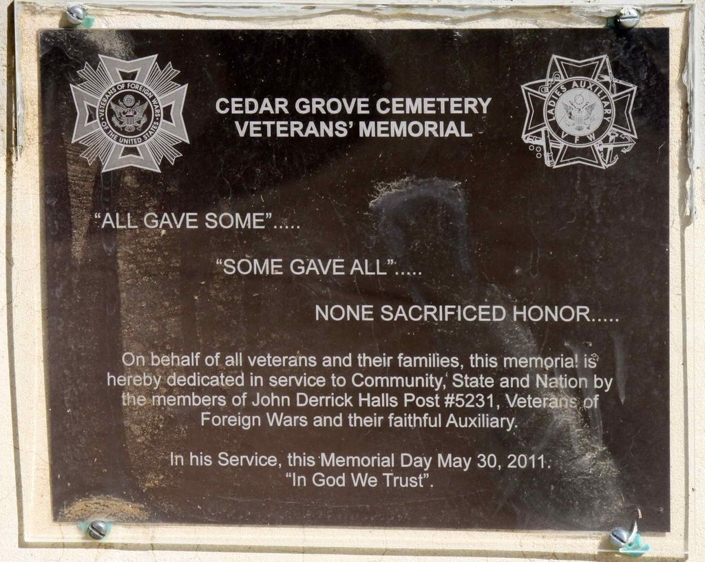 CEDAR GROVE CEMETERY VETERANS’ MEMORIAL PLAQUE