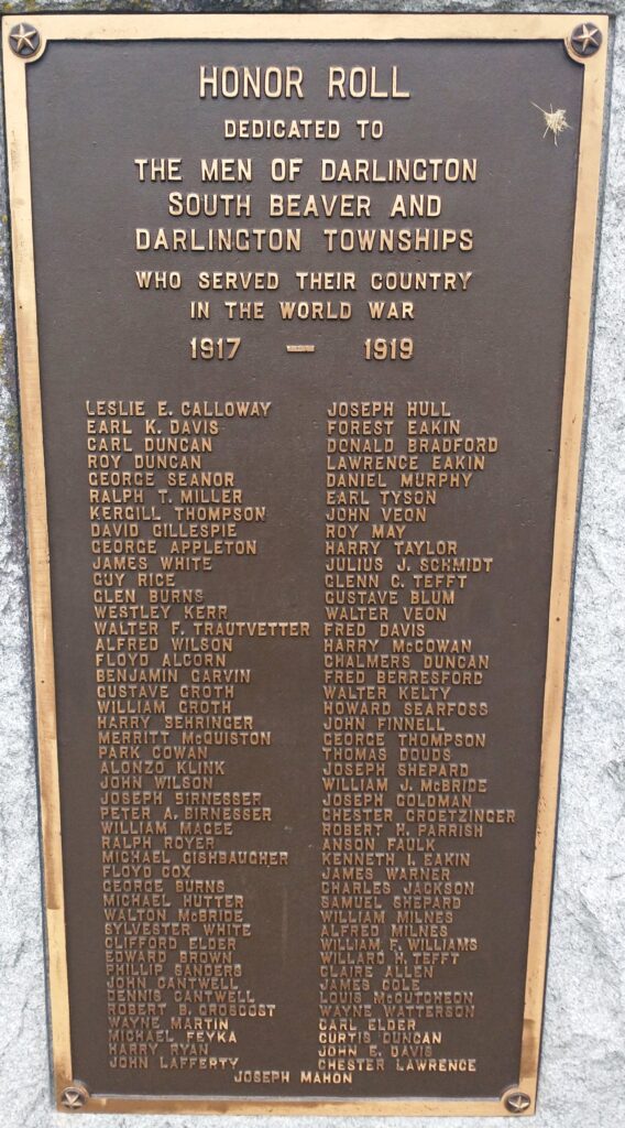 DARLINGTON, SOUTH BEAVER AND DARLINGTON TOWNSHIPS HONOR ROLL MEMORIAL PLAQUE