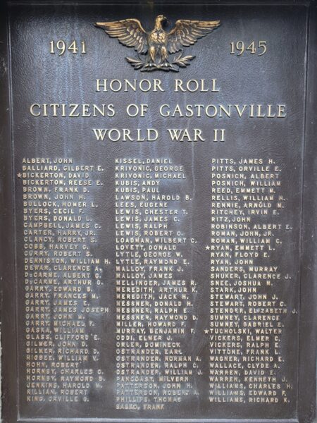 CITIZENS OF GASTONVILLE HONOR ROLL WAR MEMORIAL PLAQUE A