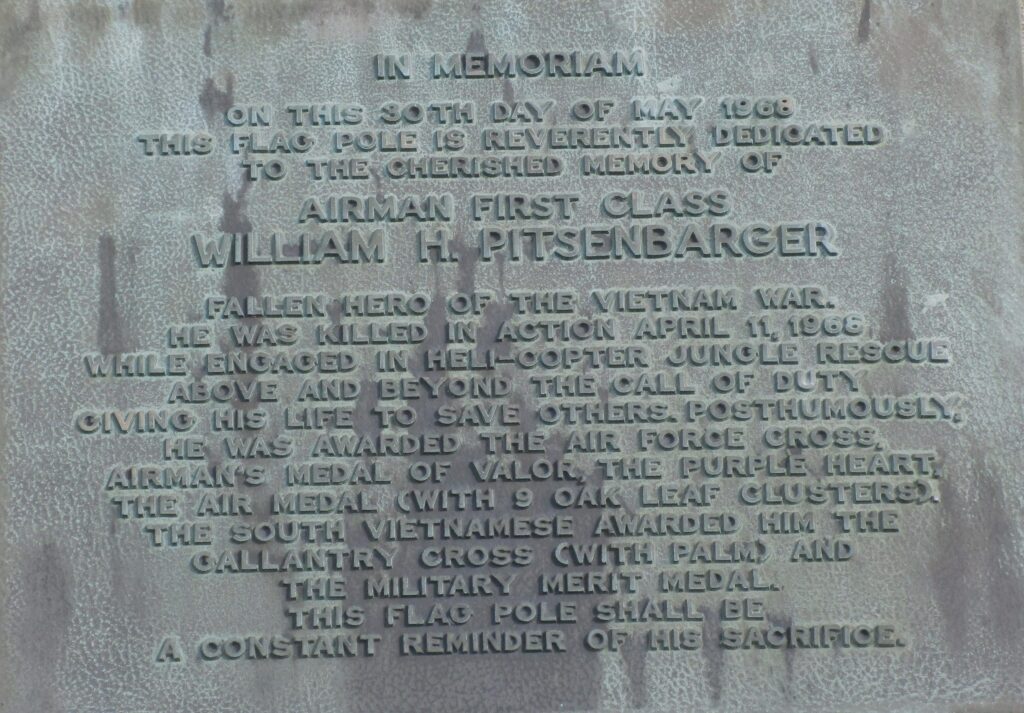 WILLIAM H. PITSENBARGER WAR MEMORIAL FLAGPOLE PLAQUE