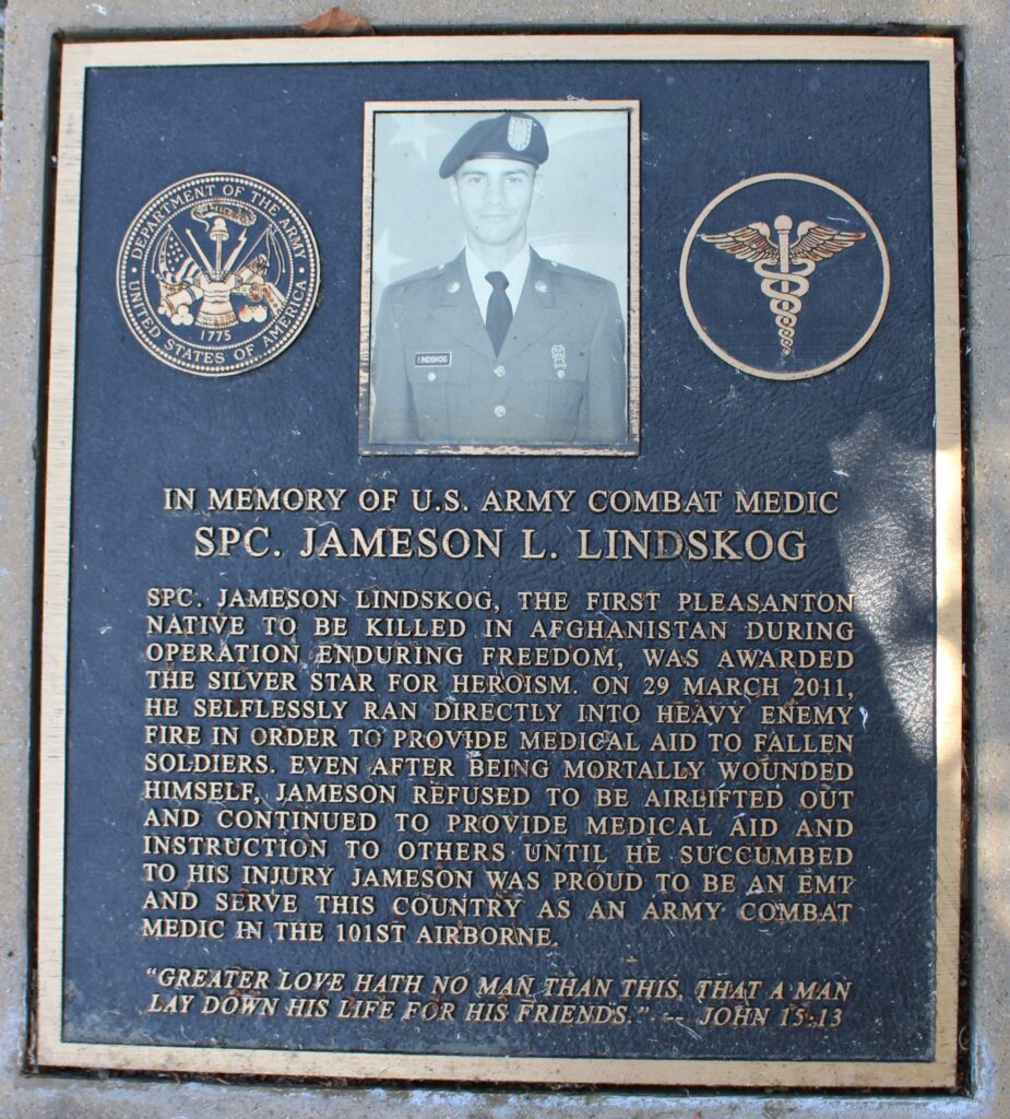 SPC. JAMESON L. LINDSKOG WAR MEMORIAL PLAQUE