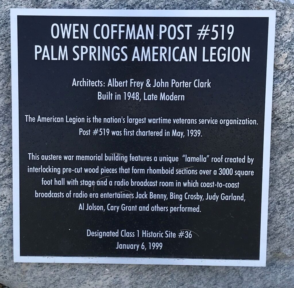 OWEN COFFMAN POST #519 PALM SPRINGS AMERICAN LEGION MEMORIAL BUILDING PLAQUE