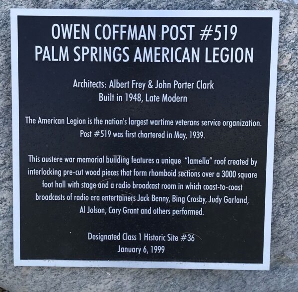 OWEN COFFMAN POST #519 PALM SPRINGS AMERICAN LEGION MEMORIAL BUILDING PLAQUE