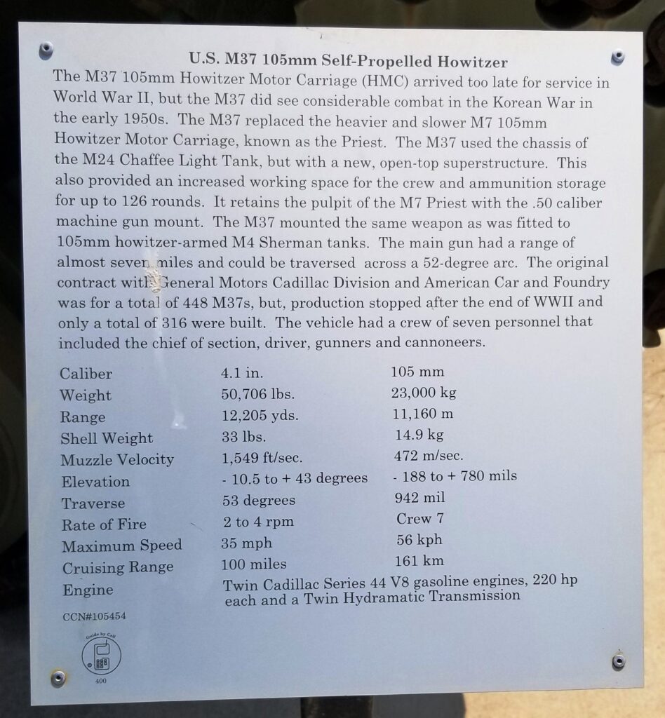 U.S. M37 105MM SELF-PROPELLED HOWITZER MEMORIAL PLAQUE