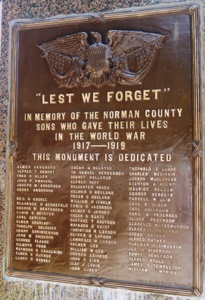 “LEST WE FORGET” NORMAN COUNTY WAR VETERANS MEMORIAL PLAQUE A