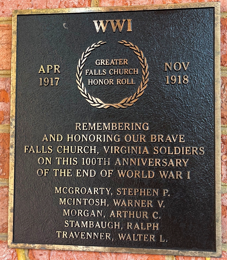 GREATER FALLS CHURCH HONOR ROLL WWI MEMORIAL PLAQUE