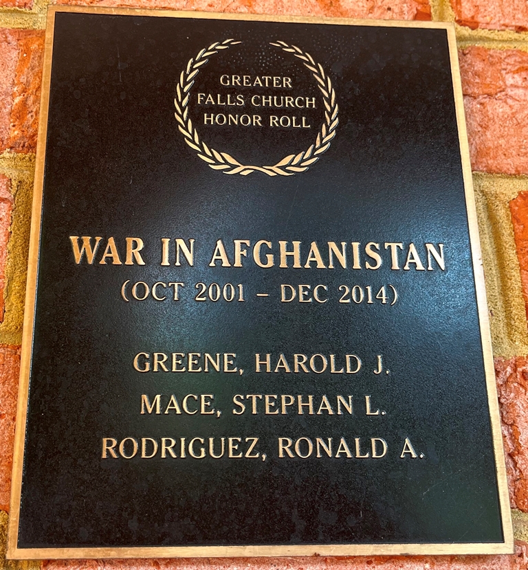 GREATER FALLS CHURCH HONOR ROLL WAR IN AFGHANISTAN MEMORIAL PLAQUE