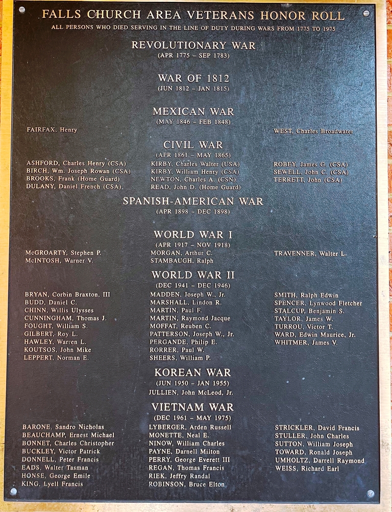 FALLS CHURCH AREA VETERANS HONOR ROLL MEMORIAL PLAQUE
