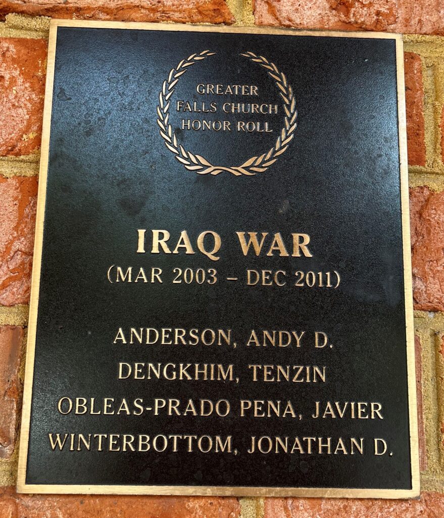 GREATER FALLS CHURCH HONOR ROLL IRAQ WAR MEMORIAL PLAQUE