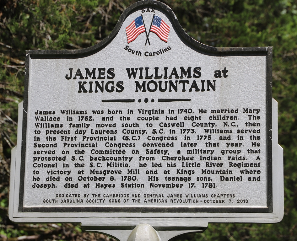 JAMES WILLIAMS AT KINGS MOUNTAIN REVOLUTIONARY WAR MEMORIAL MARKER