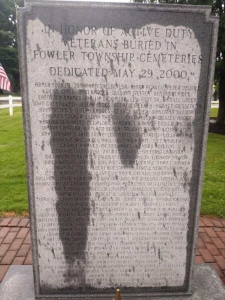 VETERANS BURIED IN FOWLER TOWNSHIP CEMETERIES MEMORIAL CENTER STONE