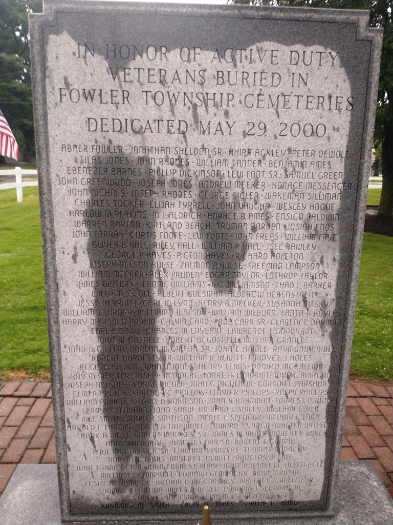 VETERANS BURIED IN FOWLER TOWNSHIP CEMETERIES MEMORIAL CENTER STONE