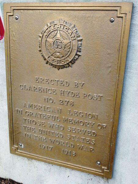 CLARENCE HYDE POST NO. 278 WORLD WAR MEMORIAL PLAQUE