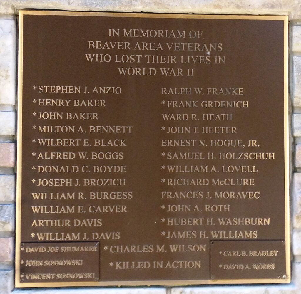 BEAVER AREA VETERANS OF WORLD WAR II MEMORIAL PLAQUE A