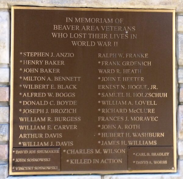 BEAVER AREA VETERANS OF WORLD WAR II MEMORIAL PLAQUE A