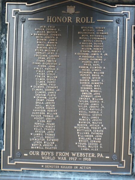 WEBSTER, PA. HONOR ROLL WAR MEMORIAL PLAQUE A