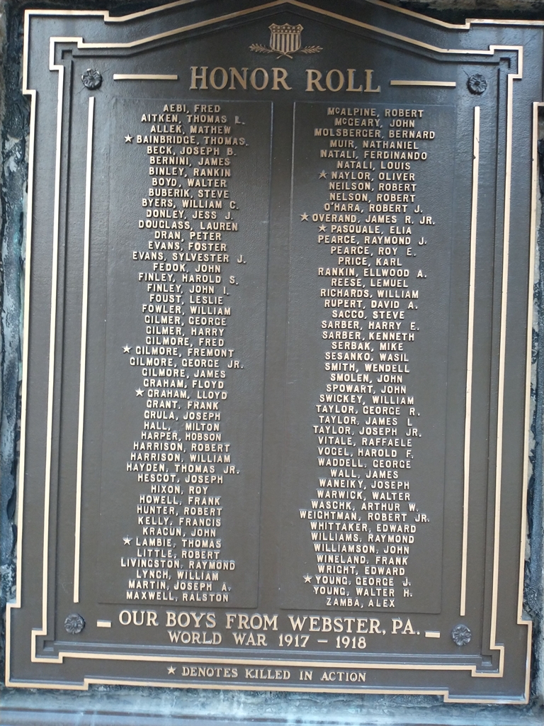 WEBSTER, PA. HONOR ROLL WAR MEMORIAL PLAQUE A