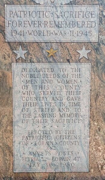 ELYRIA PATRIOTIC SACRIFICE FOREVER REMEMBERED WORLD WAR II MEMORIAL PLAQUE