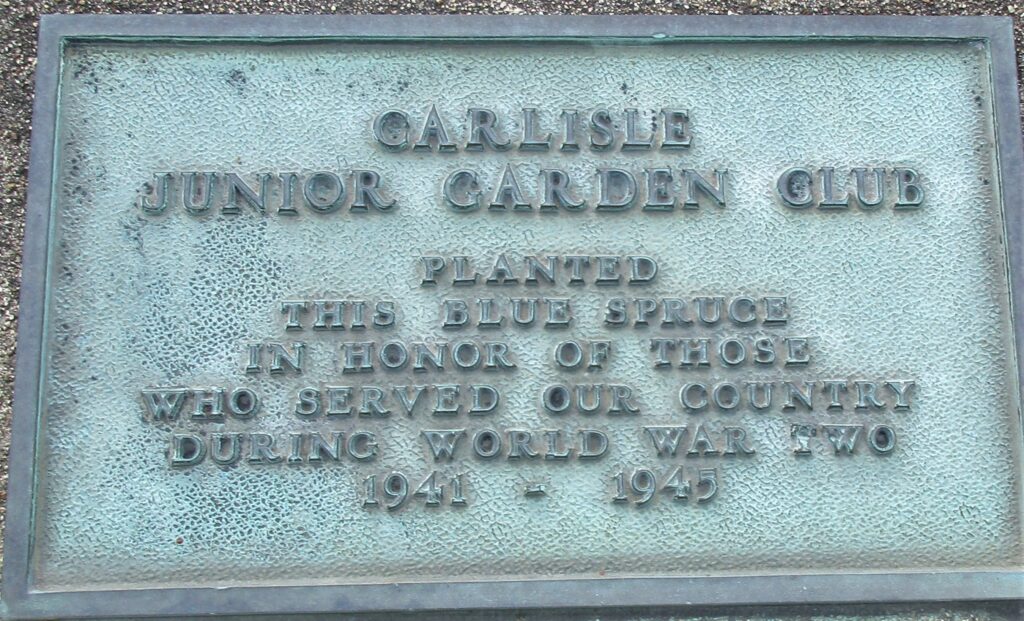 CARLISLE JUNIOR GARDEN CLUB WW II MEMORIAL TREE PLAQUE