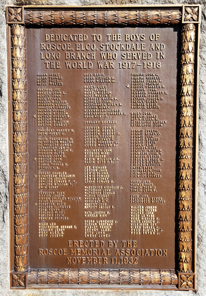 ROSCOE MEMORIAL ASSOCIATION WORLD WAR MEMORIAL PLAQUE