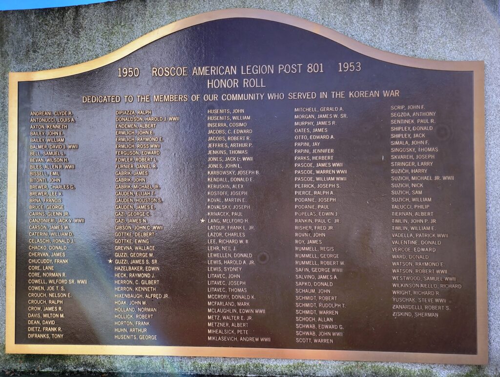 ROSCOE AMERICAN LEGION POST 801 HONOR ROLL MEMORIAL PLAQUE