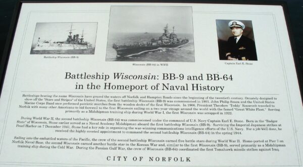 BATTLESHIP WISCONSIN: BB-9 AND BB-64 MEMORIAL PLAQUE