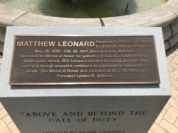 MATTHEW LEONARD MEDAL OF HONOR WAR MEMORIAL FOUNTAIN PLAQUE