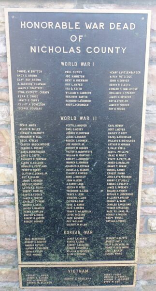 HONORABLE WAR DEAD OF NICHOLAS COUNTY MEMORIAL PLAQUE