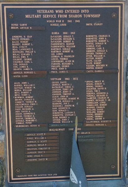 SHARON CENTER WAR VETERANS MEMORIAL PLAQUE B