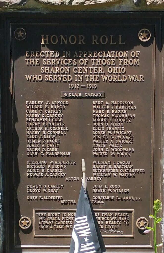 SHARON CENTER WAR VETERANS MEMORIAL PLAQUE A