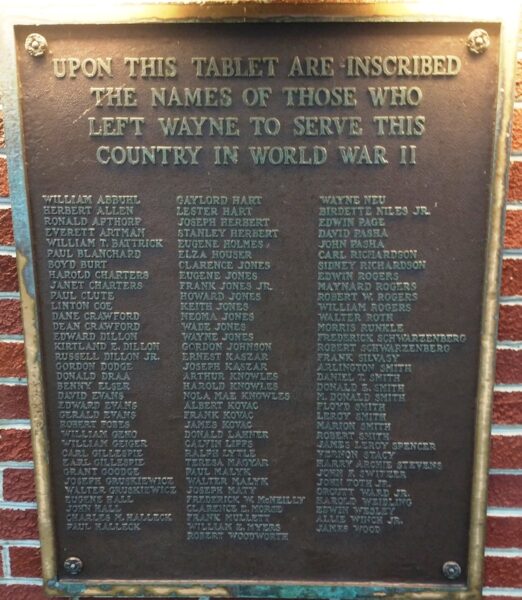 WAYNE TOWNSHIP WAR VETERANS MEMORIAL PLAQUE B