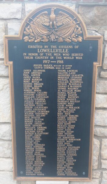 LOWELLVILLE WAR VETERANS MEMORIAL PLAQUE A