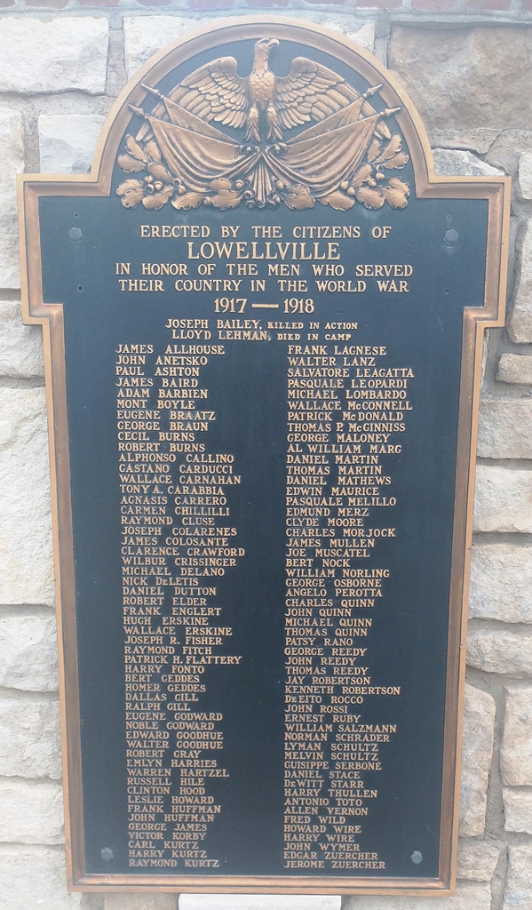 LOWELLVILLE WAR VETERANS MEMORIAL PLAQUE A