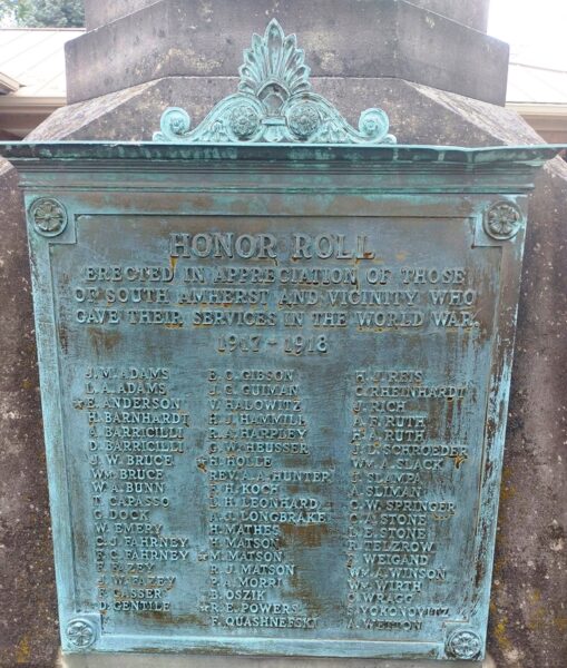 SOUTH AMHERST AND VINCINITY WORLD WAR HONOR ROLL MEMORIAL PLQUE A