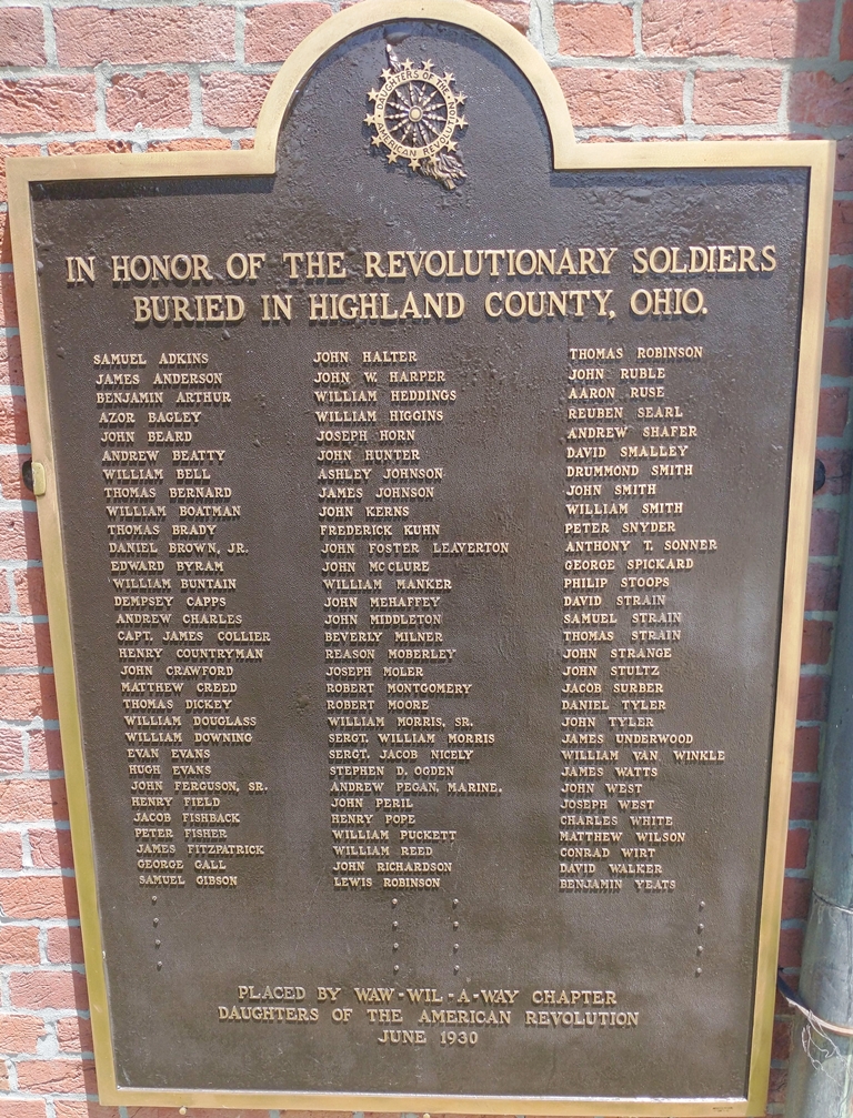 REVOLUTIONARY SOLDIERS BURIED IN HIGHLAND COUNTY, OHIO MEMORIAL PLAQUE