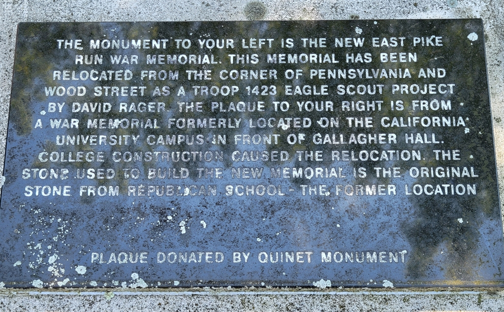 NEW EAST PIKE RUN WAR MEMORIAL RELOCATION PLAQUE
