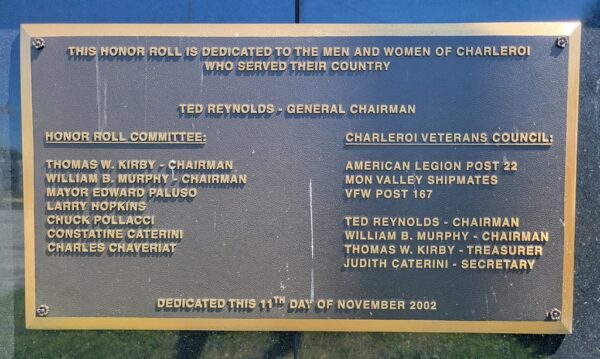 CHARLEROI VETERANS MEMORIAL PLAQUE