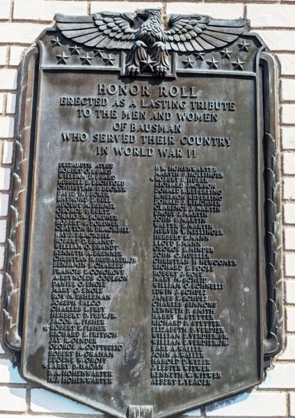 BAUSMAN WORLD WAR II HONOR ROLL MEMORIAL PLAQUE