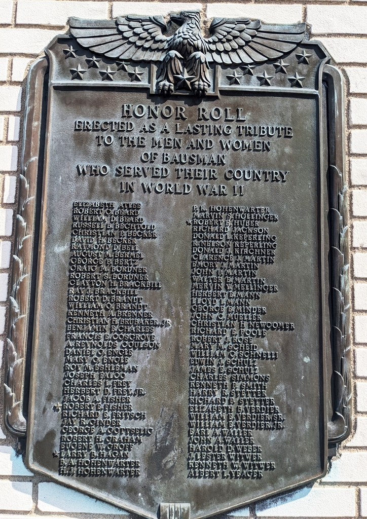 BAUSMAN WORLD WAR II HONOR ROLL MEMORIAL PLAQUE
