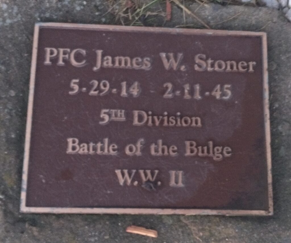 PFC JAMES W. STONER WAR MEMORIAL PLAQUE