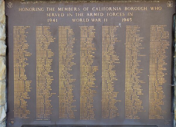 CALIFORNIA BOROUGH WORLD WAR II HONOR ROLL MEMORIAL PLAQUE